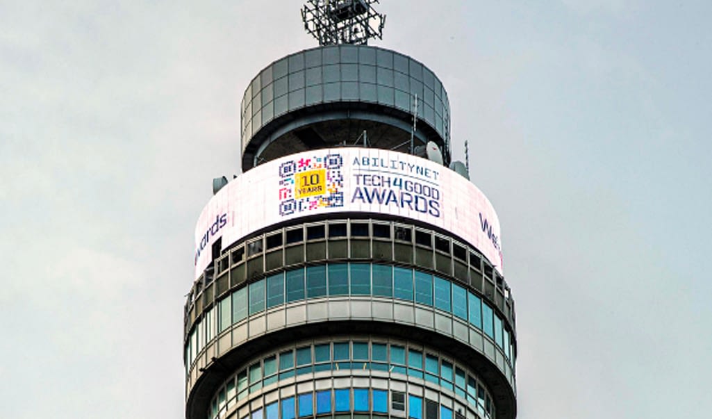 The Tech4Good Awards banner on the BT Tower